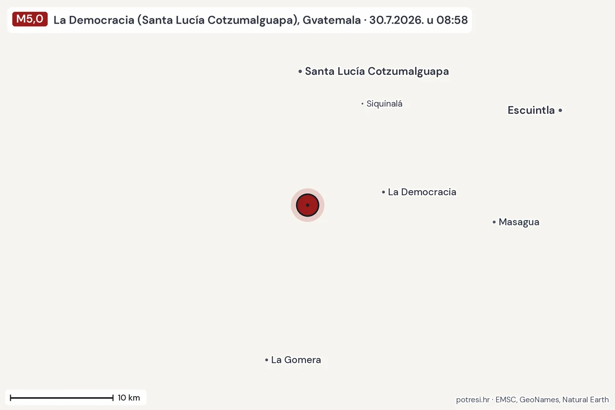 Karta: okolica epicentra, 60 km, potres M5,0, La Democracia (Santa Lucía Cotzumalguapa), Gvatemala, 30.7.2026.