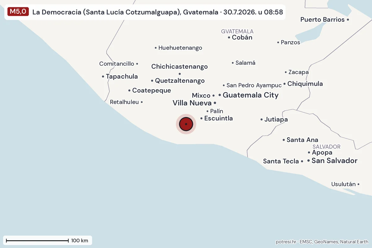Karta: šire područje, 600 km, potres M5,0, La Democracia (Santa Lucía Cotzumalguapa), Gvatemala, 30.7.2026.