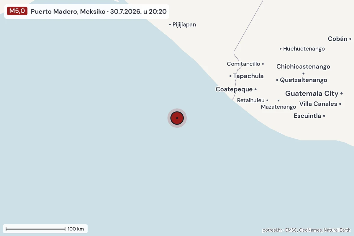 Karta: šire područje, 600 km, potres M5,0, Puerto Madero, Meksiko, 30.7.2026.