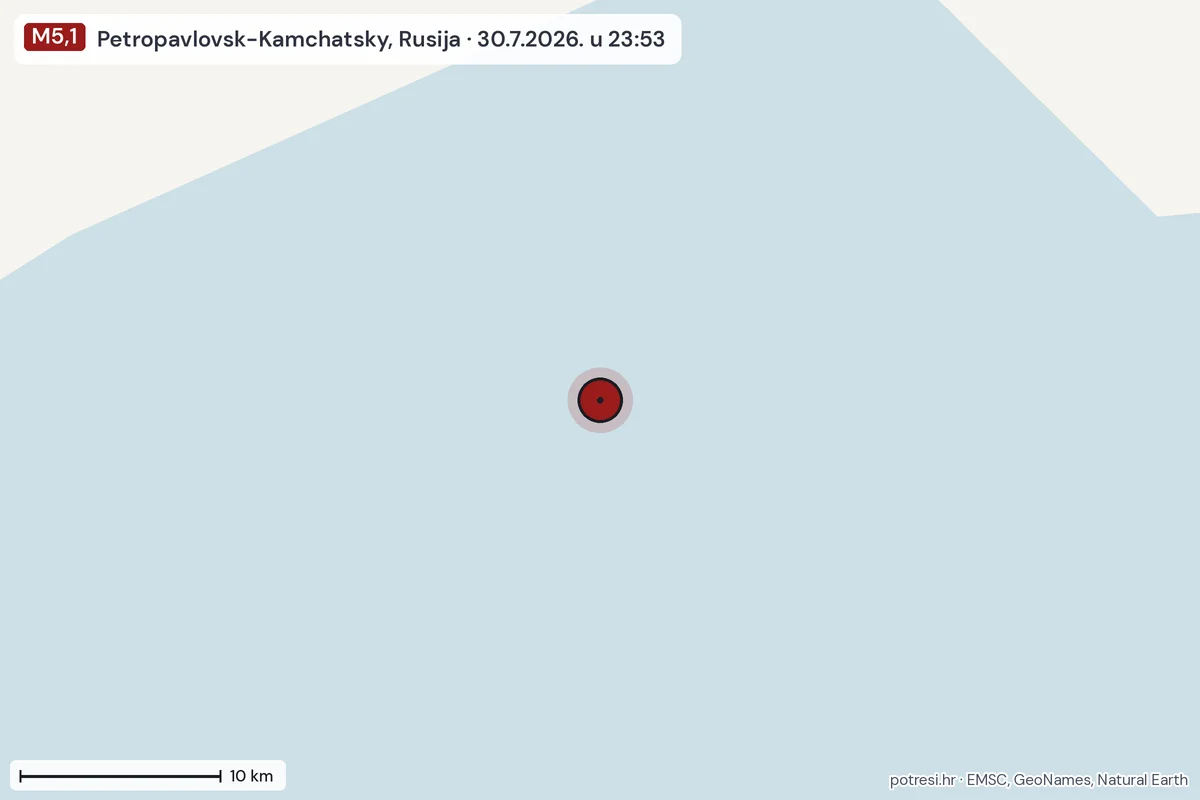 Karta: okolica epicentra, 60 km, potres M5,1, Petropavlovsk-Kamchatsky, Rusija, 30.7.2026.