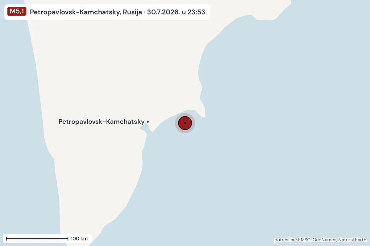 Karta: šire područje, 600 km, potres M5,1, Petropavlovsk-Kamchatsky, Rusija, 30.7.2026.
