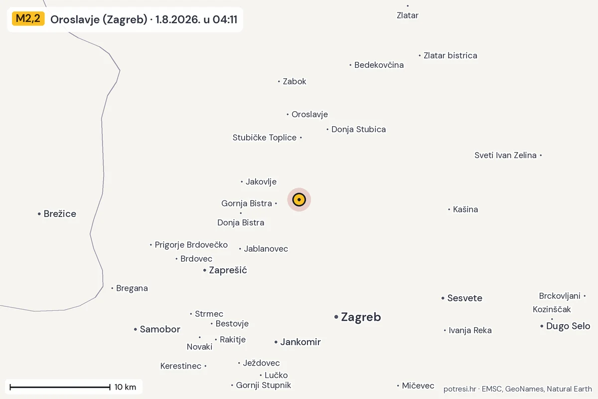 Karta: okolica epicentra, 60 km, potres M2,2, Oroslavje (Zagreb), 1.8.2026.
