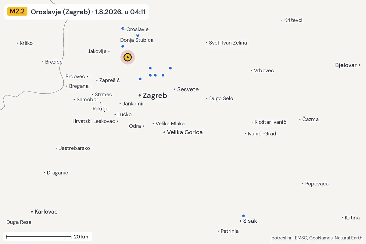 Karta: izvješća građana, potres M2,2, Oroslavje (Zagreb), 1.8.2026.