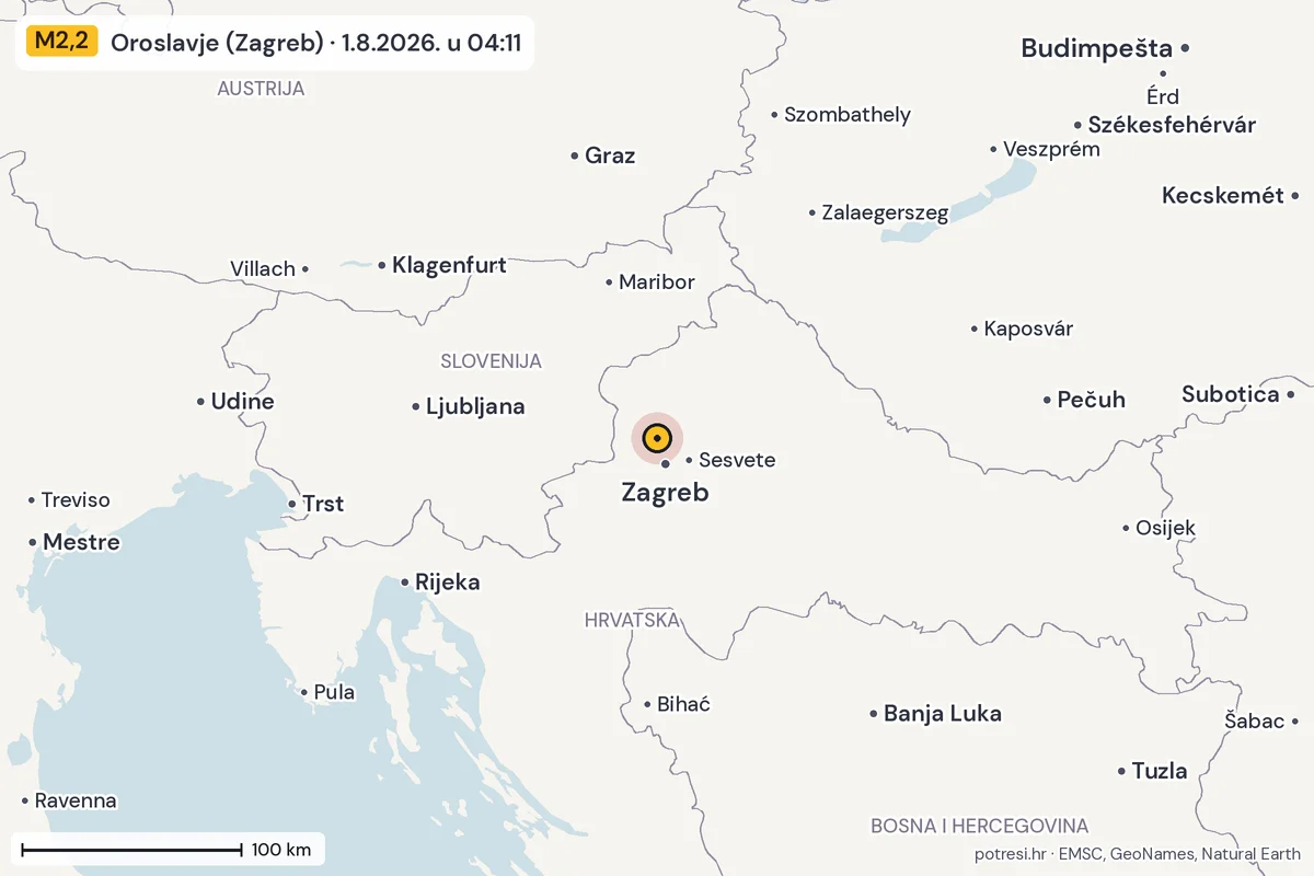 Karta: šire područje, 600 km, potres M2,2, Oroslavje (Zagreb), 1.8.2026.