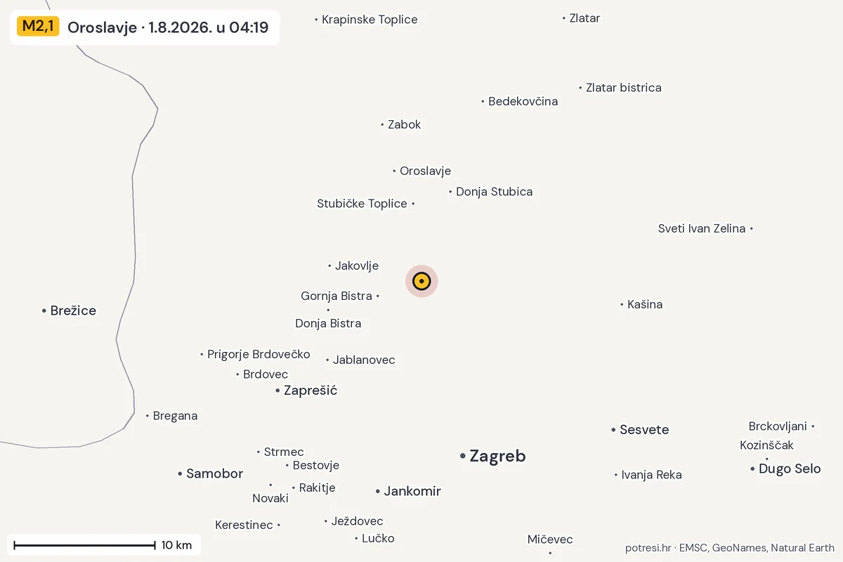 Karta: okolica epicentra, 60 km, potres M2,1, Oroslavje, 1.8.2026.