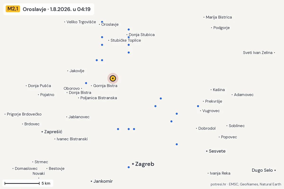 Karta: izvješća građana, potres M2,1, Oroslavje, 1.8.2026.