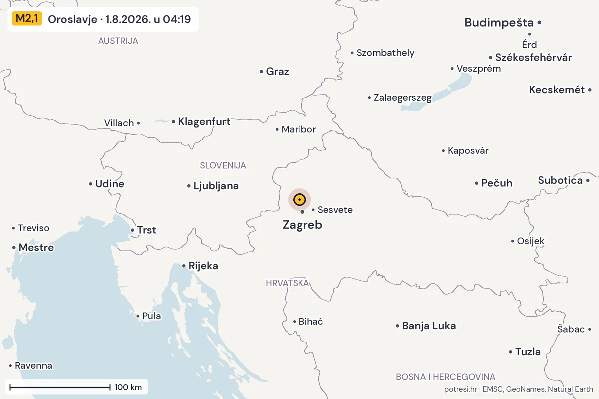 Karta: šire područje, 600 km, potres M2,1, Oroslavje, 1.8.2026.
