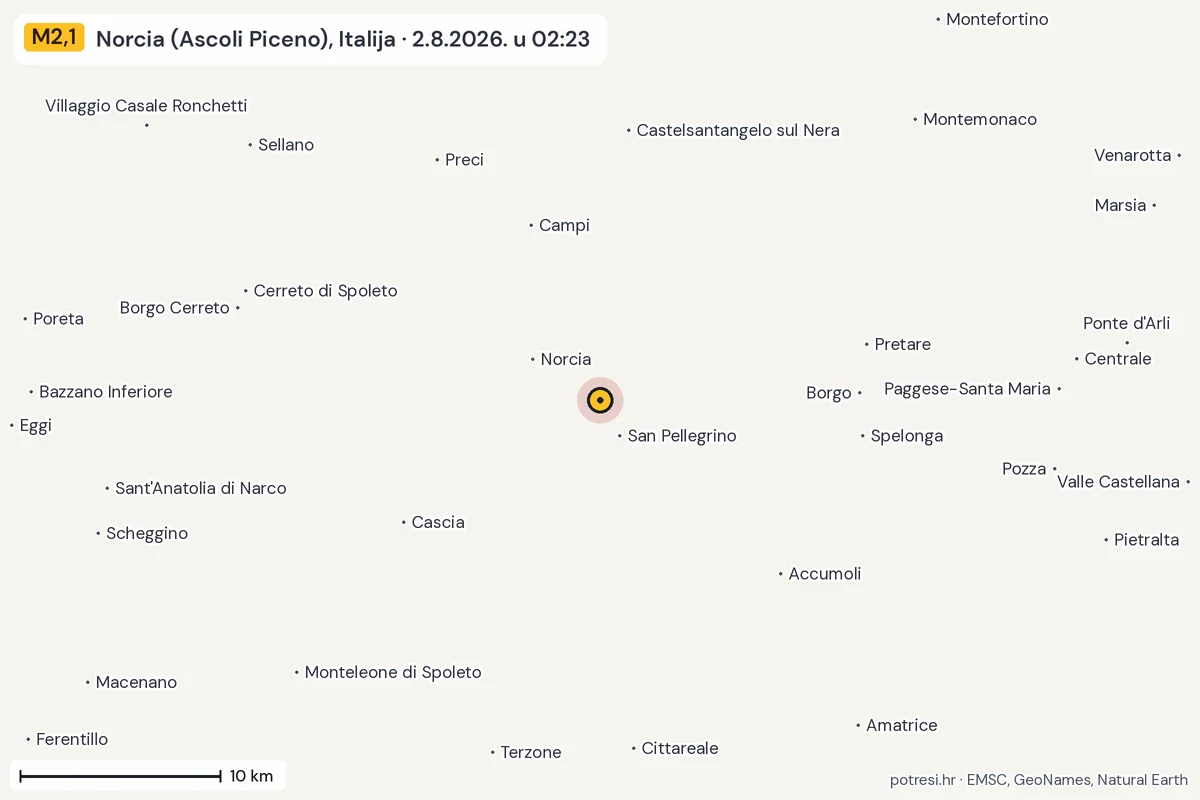 Karta: okolica epicentra, 60 km, potres M2,1, Norcia (Ascoli Piceno), Italija, 2.8.2026.