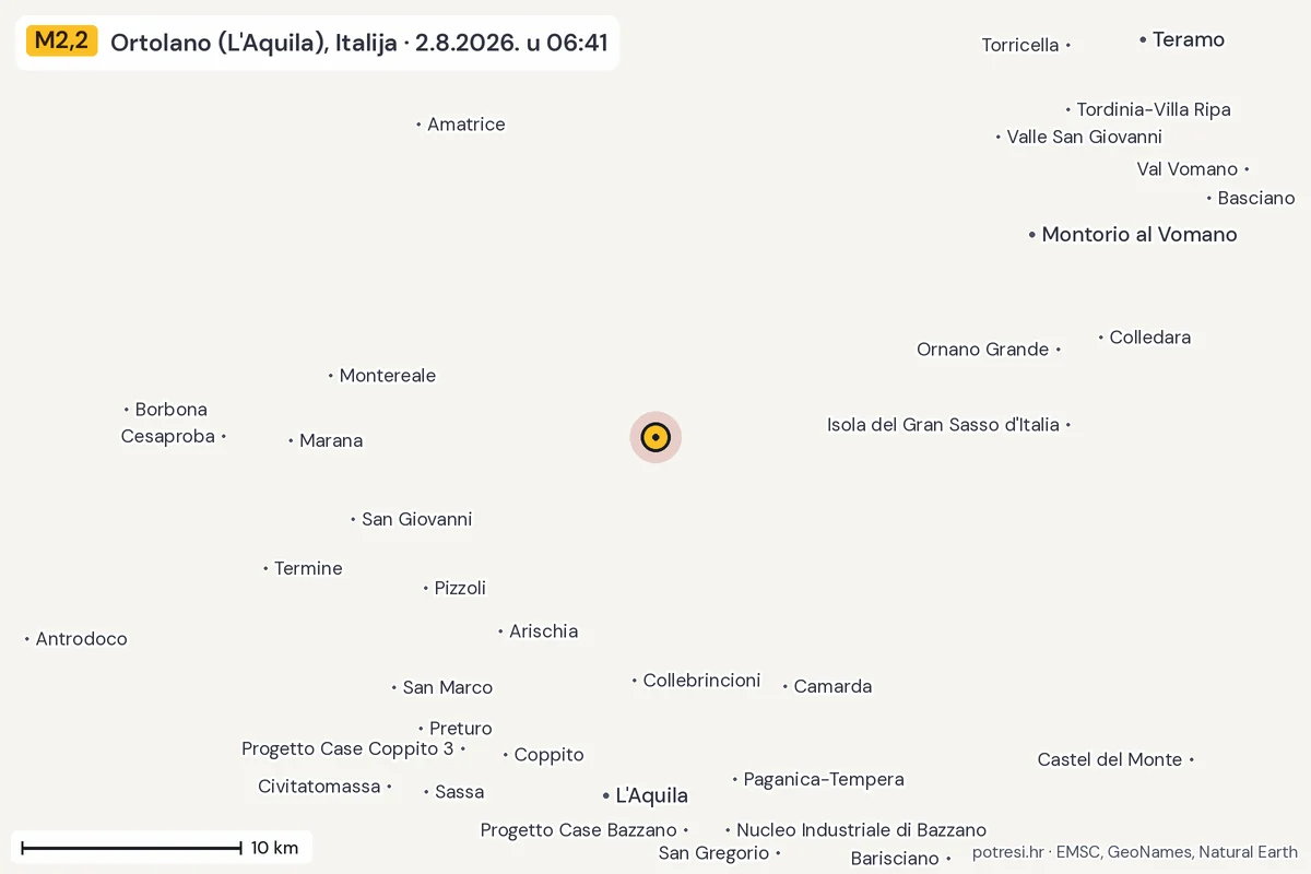 Karta: okolica epicentra, 60 km, potres M2,2, Ortolano (L'Aquila), Italija, 2.8.2026.