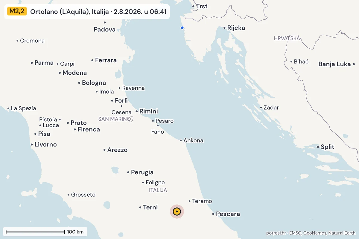 Karta: izvješća građana, potres M2,2, Ortolano (L'Aquila), Italija, 2.8.2026.