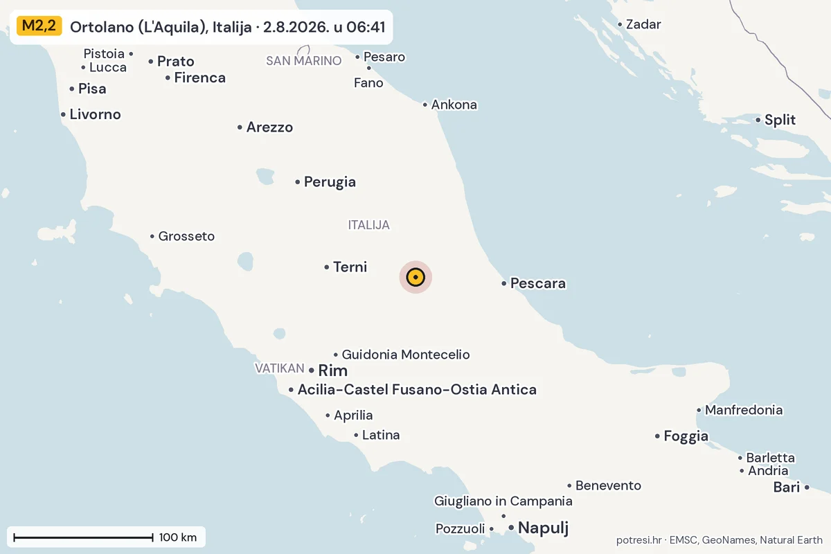 Karta: šire područje, 600 km, potres M2,2, Ortolano (L'Aquila), Italija, 2.8.2026.