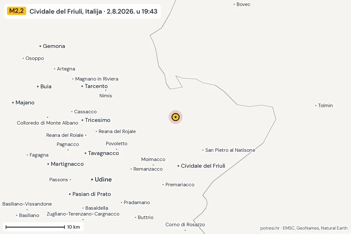 Karta: okolica epicentra, 60 km, potres M2,2, Cividale del Friuli, Italija, 2.8.2026.