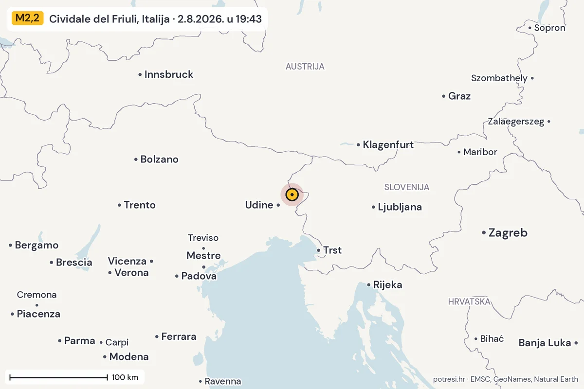 Karta: šire područje, 600 km, potres M2,2, Cividale del Friuli, Italija, 2.8.2026.