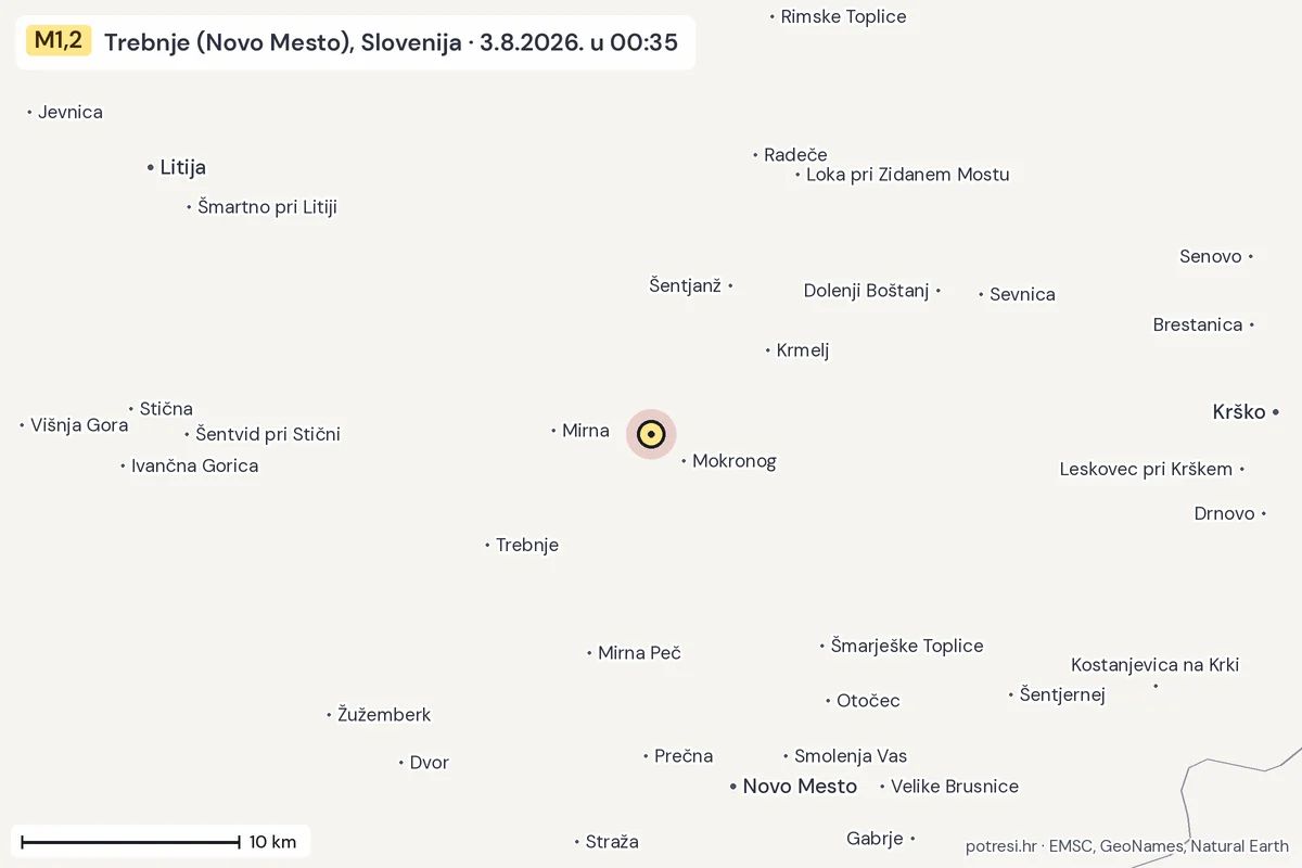 Karta: okolica epicentra, 60 km, potres M1,2, Trebnje (Novo Mesto), Slovenija, 3.8.2026.
