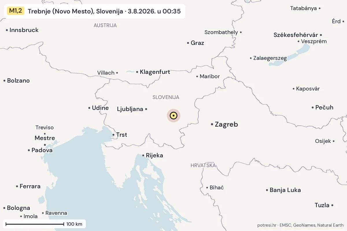 Karta: šire područje, 600 km, potres M1,2, Trebnje (Novo Mesto), Slovenija, 3.8.2026.