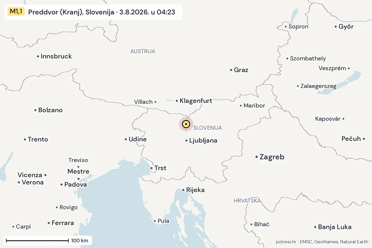 Karta: šire područje, 600 km, potres M1,1, Preddvor (Kranj), Slovenija, 3.8.2026.