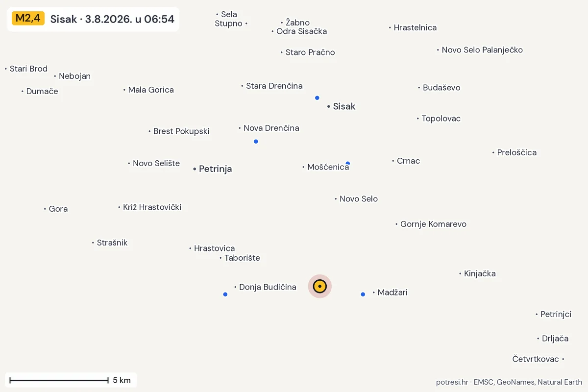 Karta: izvješća građana, potres M2,4, Sisak, 3.8.2026.