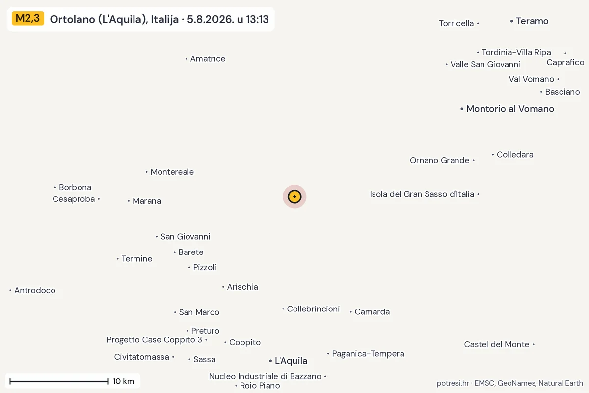 Karta: okolica epicentra, 60 km, potres M2,3, Ortolano (L'Aquila), Italija, 5.8.2026.