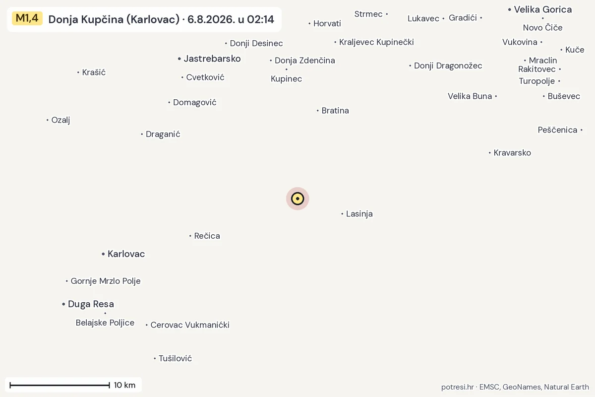 Karta: okolica epicentra, 60 km, potres M1,4, Donja Kupčina (Karlovac), 6.8.2026.