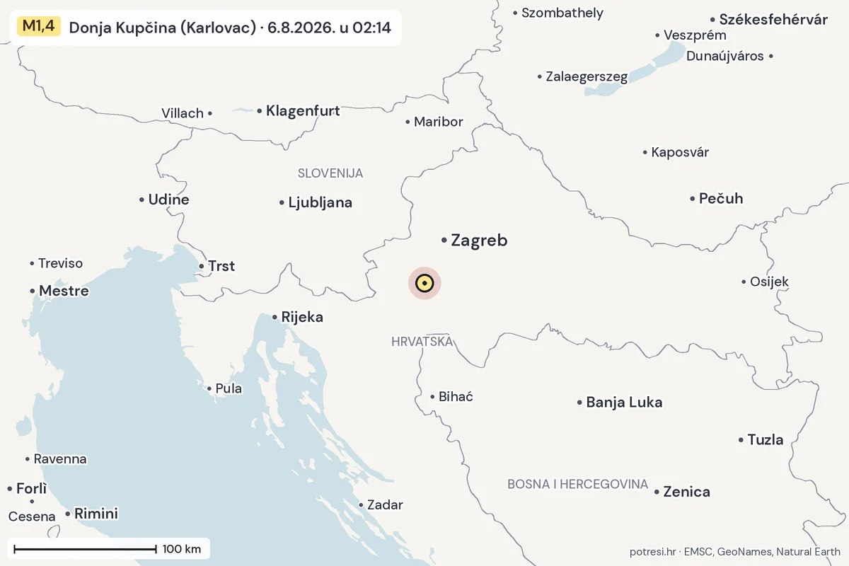 Karta: šire područje, 600 km, potres M1,4, Donja Kupčina (Karlovac), 6.8.2026.