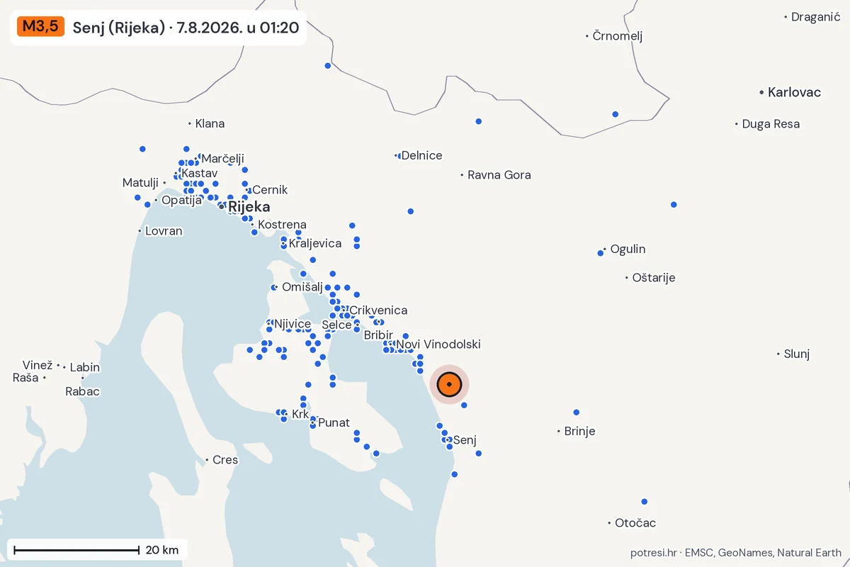 Karta: izvješća građana, potres M3,5, Senj (Rijeka), 7.8.2026.
