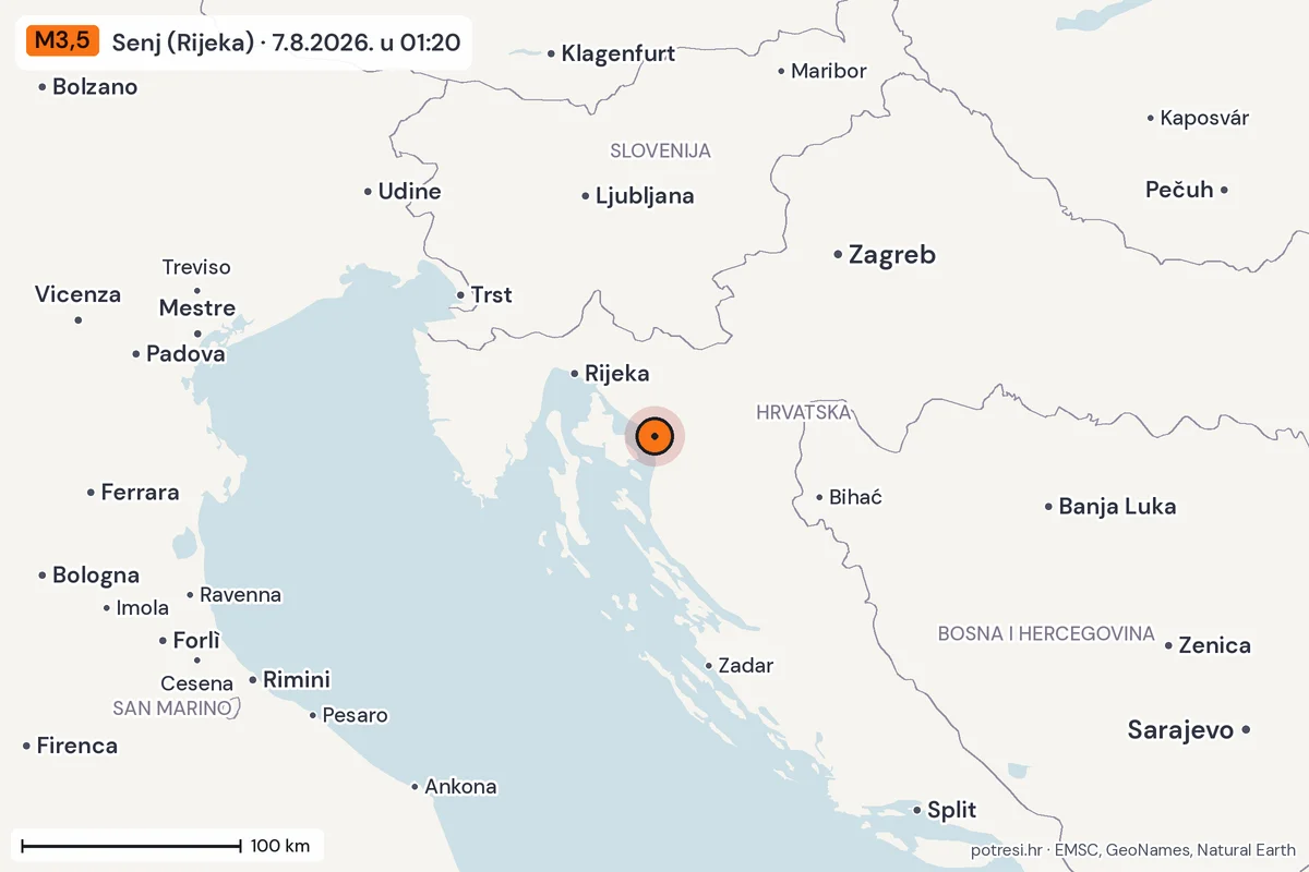 Karta: šire područje, 600 km, potres M3,5, Senj (Rijeka), 7.8.2026.