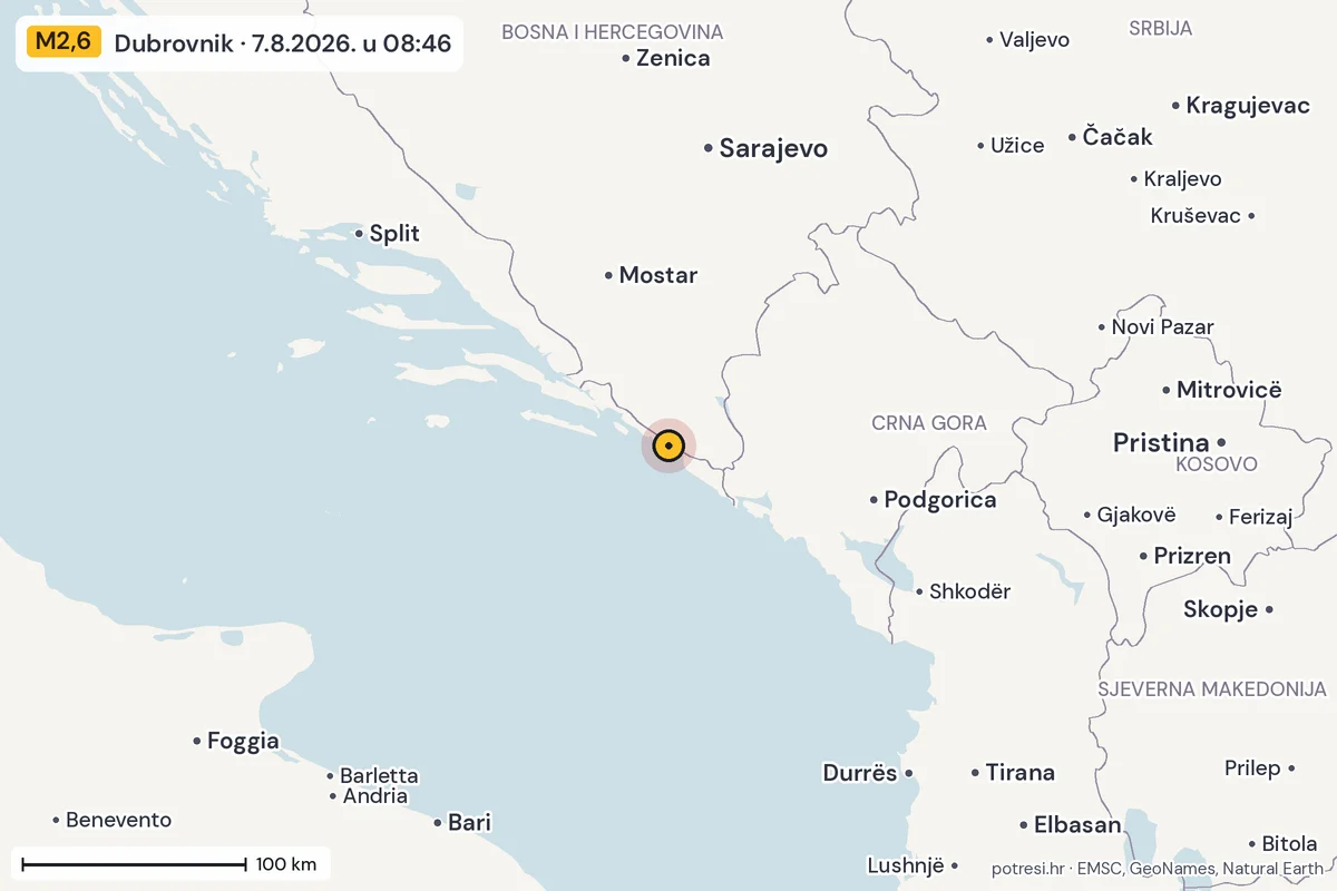 Karta: šire područje, 600 km, potres M2,6, Dubrovnik, 7.8.2026.
