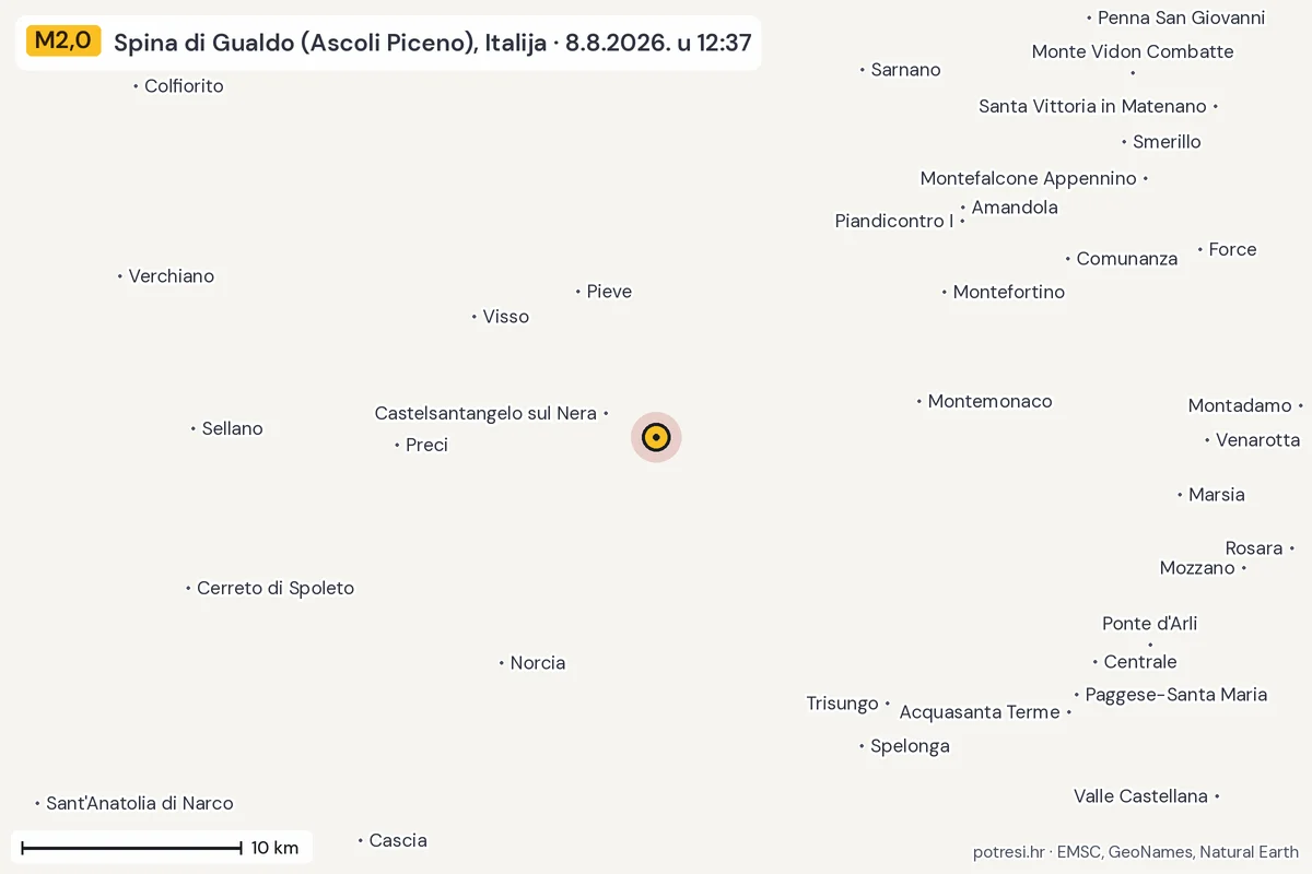 Karta: okolica epicentra, 60 km, potres M2,0, Spina di Gualdo (Ascoli Piceno), Italija, 8.8.2026.