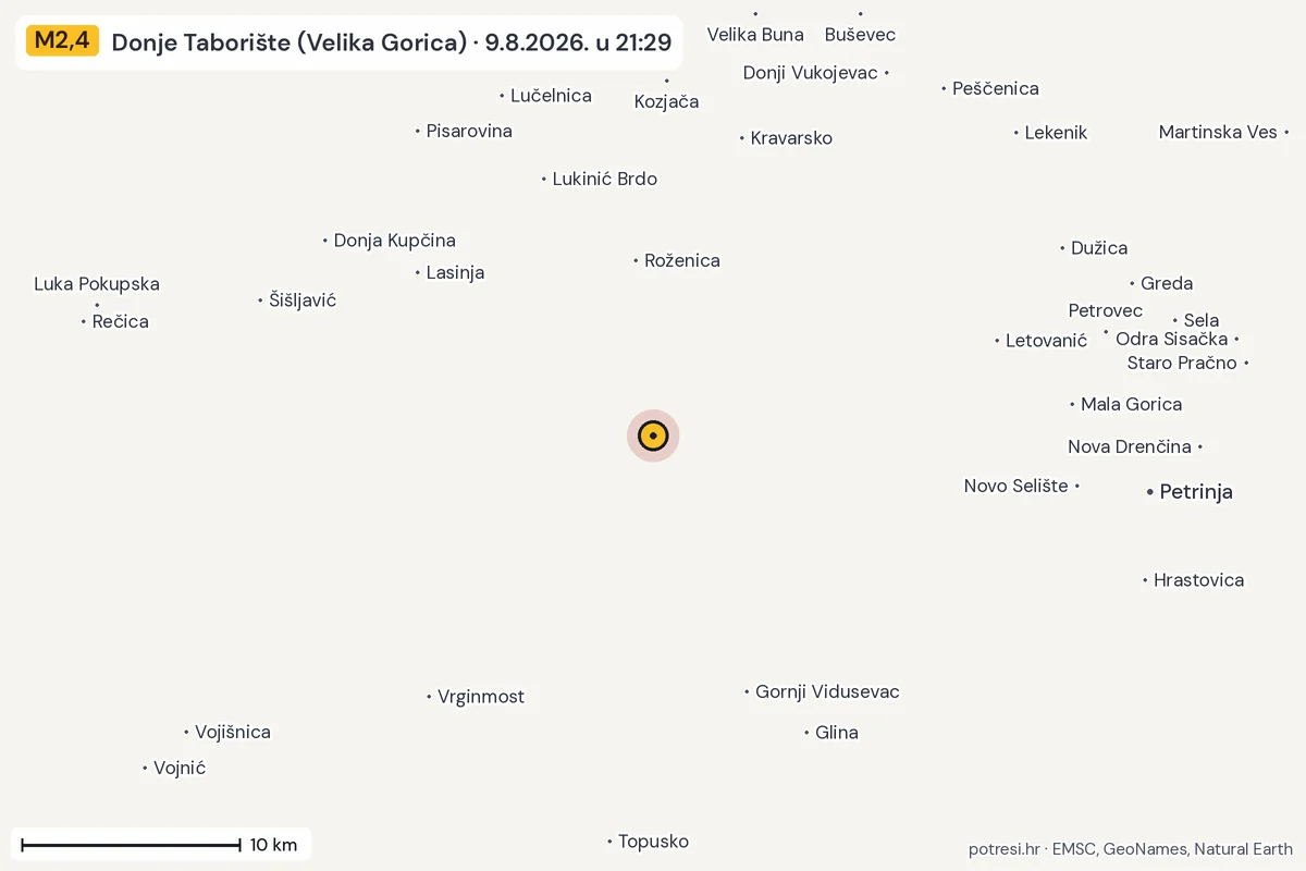 Karta: okolica epicentra, 60 km, potres M2,4, Donje Taborište (Velika Gorica), 9.8.2026.