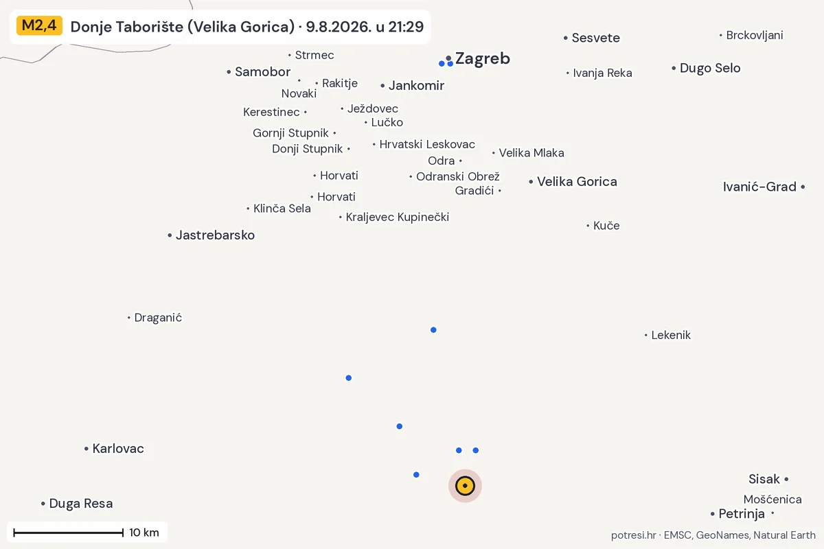 Karta: izvješća građana, potres M2,4, Donje Taborište (Velika Gorica), 9.8.2026.