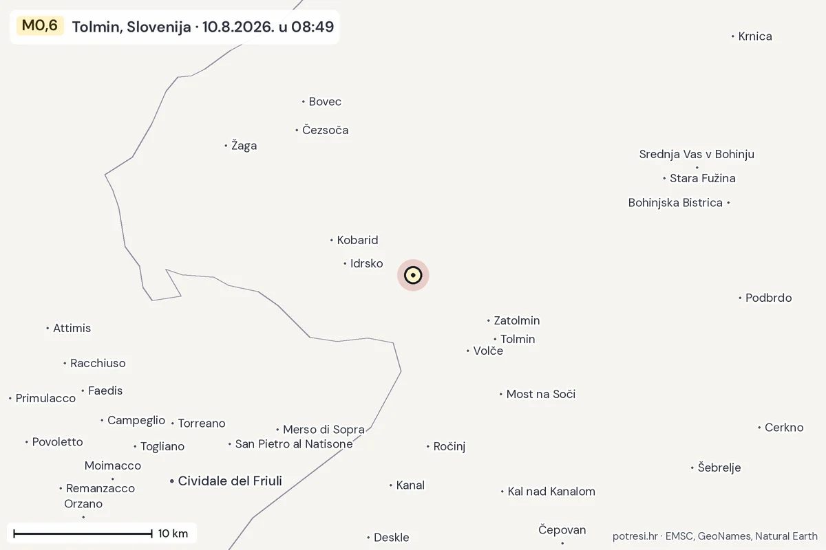 Karta: okolica epicentra, 60 km, potres M0,6, Tolmin, Slovenija, 10.8.2026.