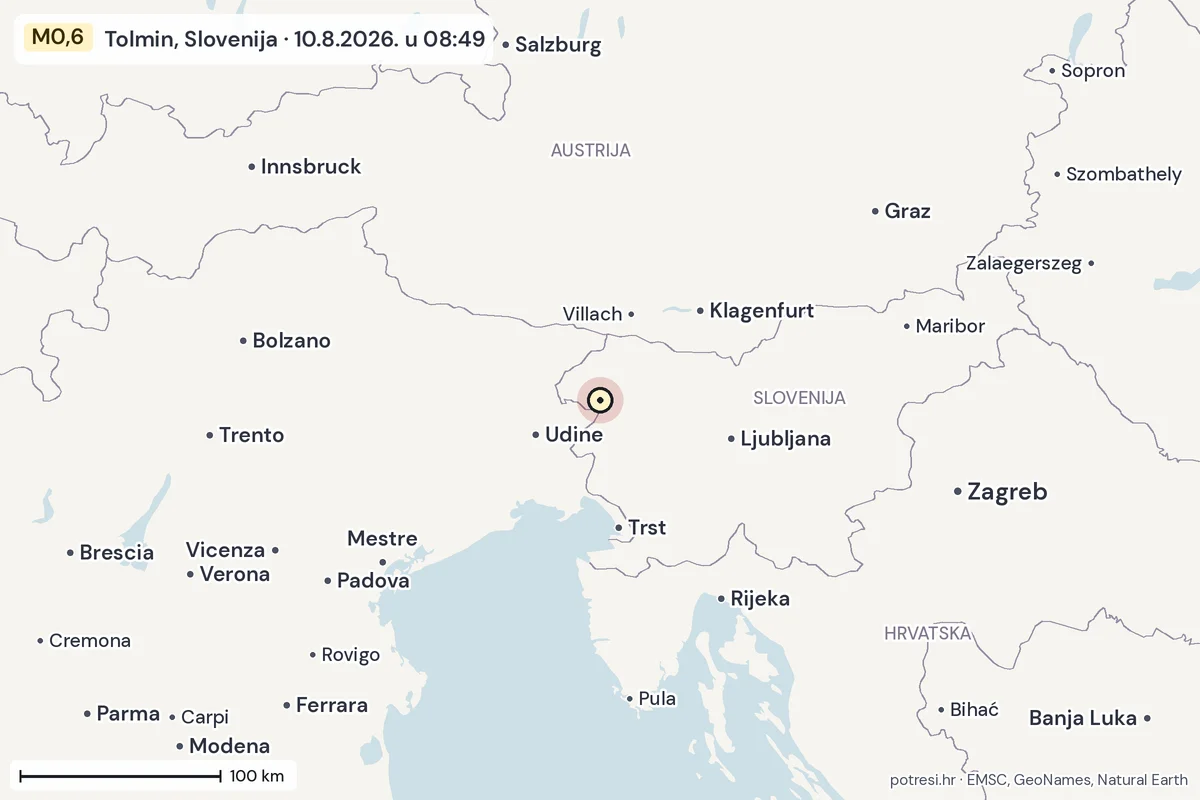 Karta: šire područje, 600 km, potres M0,6, Tolmin, Slovenija, 10.8.2026.