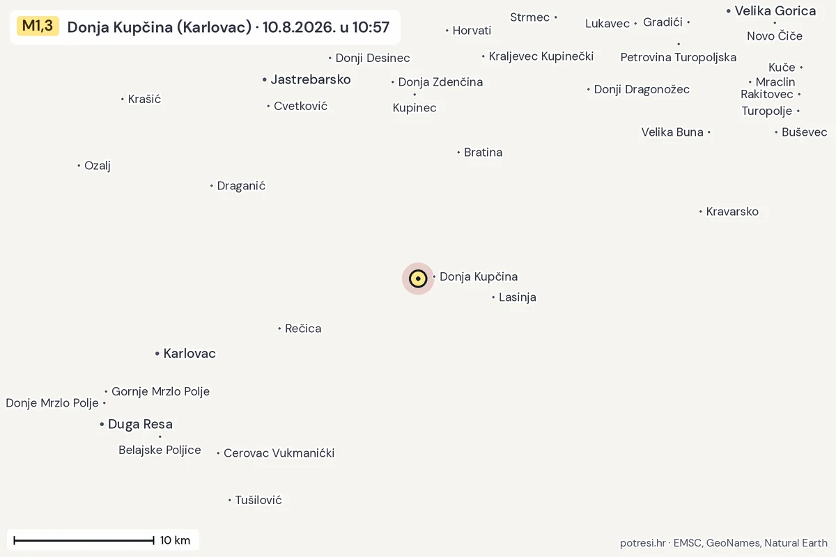 Karta: okolica epicentra, 60 km, potres M1,3, Donja Kupčina (Karlovac), 10.8.2026.