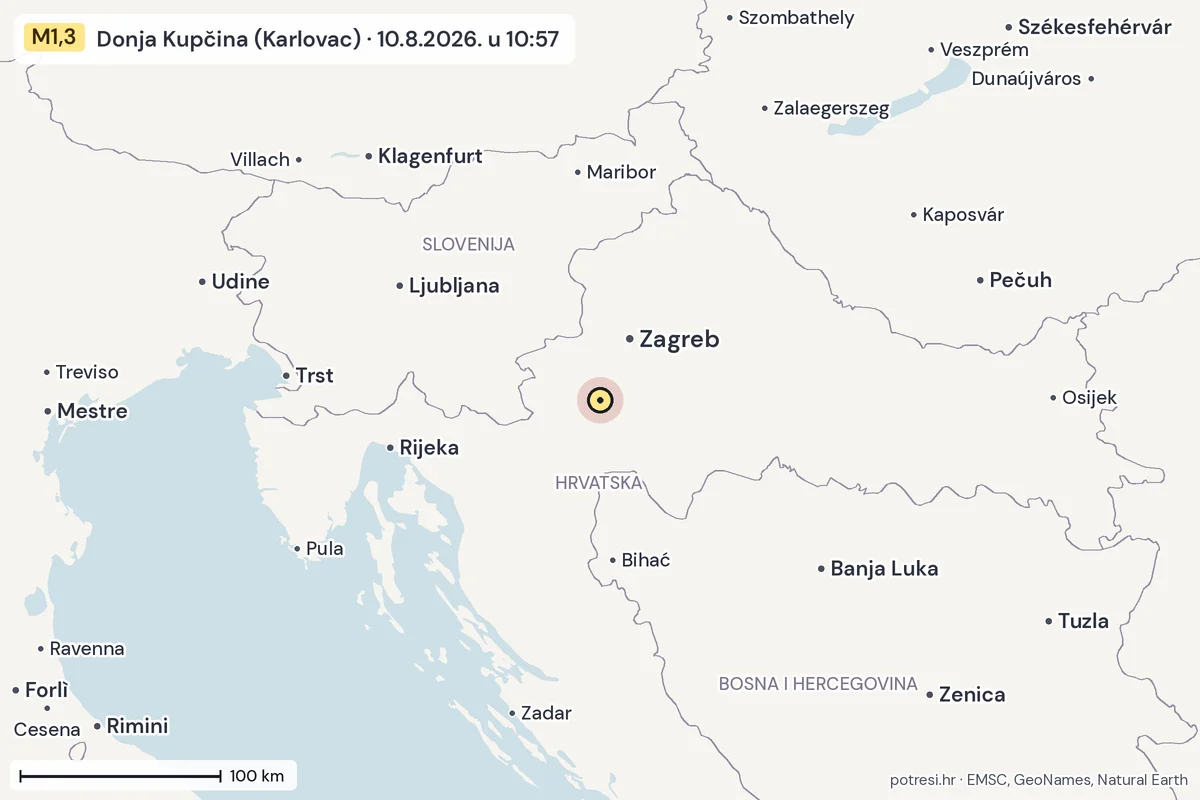 Karta: šire područje, 600 km, potres M1,3, Donja Kupčina (Karlovac), 10.8.2026.
