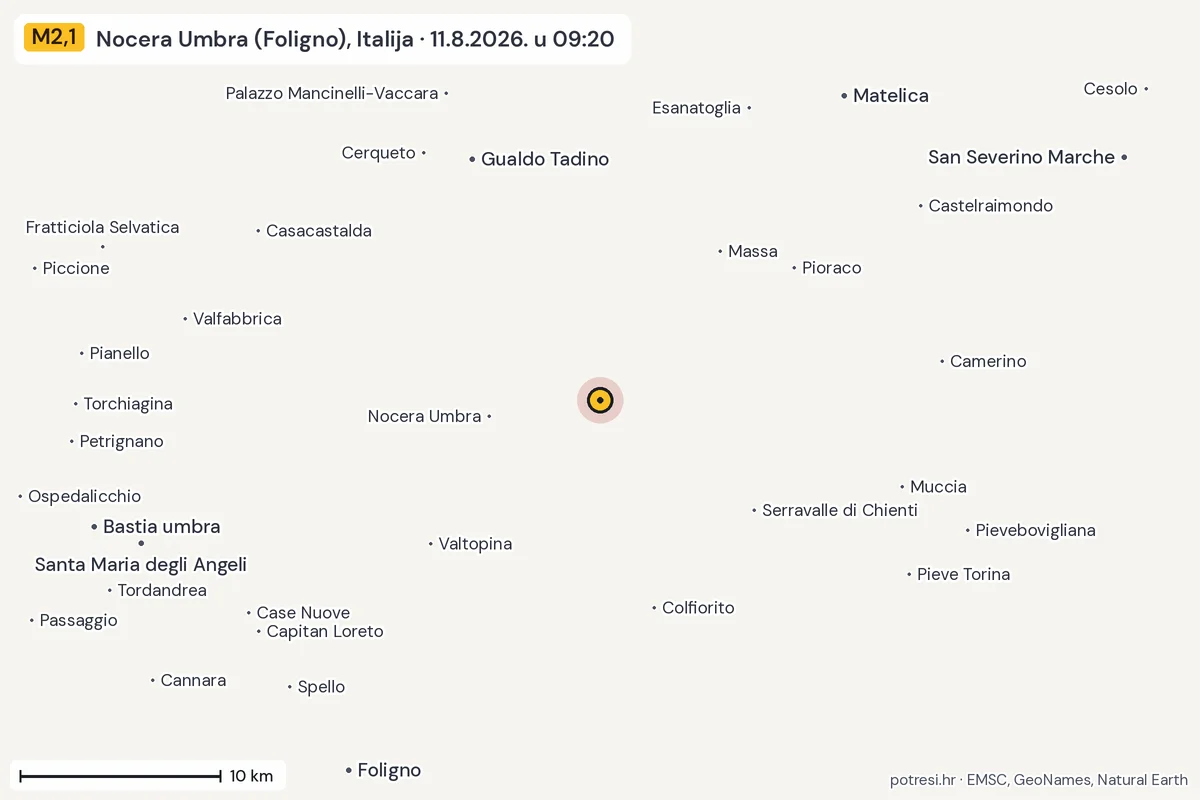 Karta: okolica epicentra, 60 km, potres M2,1, Nocera Umbra (Foligno), Italija, 11.8.2026.