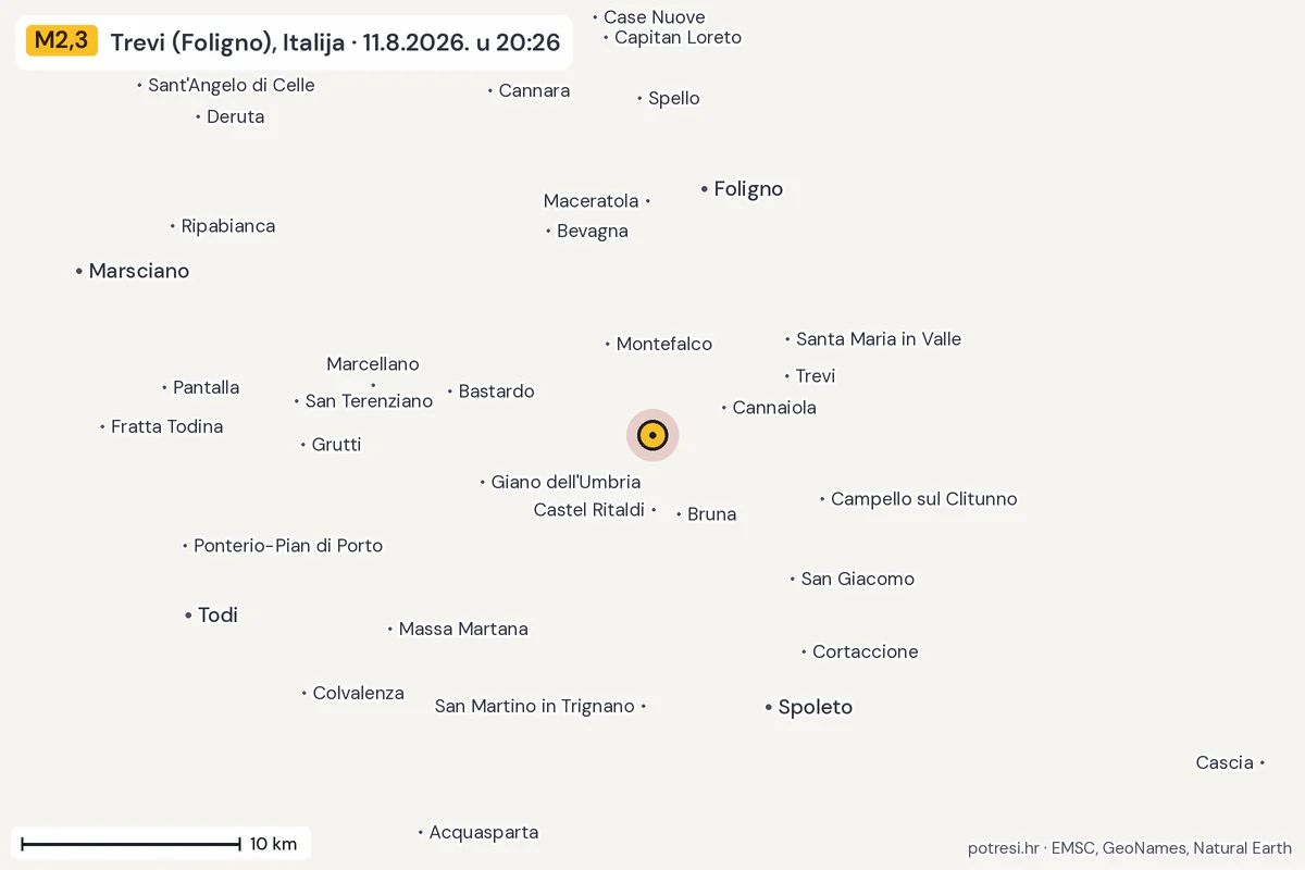 Karta: okolica epicentra, 60 km, potres M2,3, Trevi (Foligno), Italija, 11.8.2026.