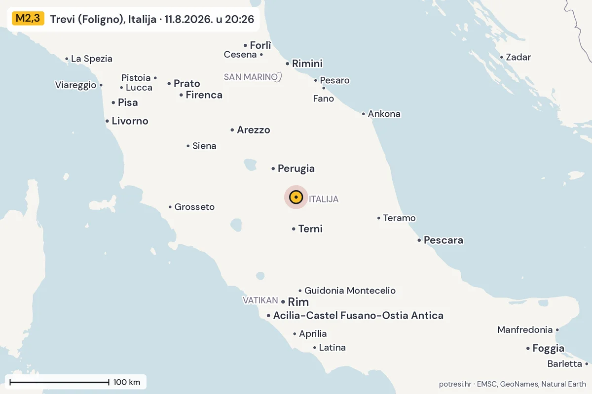 Karta: šire područje, 600 km, potres M2,3, Trevi (Foligno), Italija, 11.8.2026.