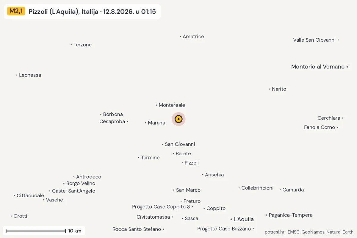 Karta: okolica epicentra, 60 km, potres M2,1, Pizzoli (L'Aquila), Italija, 12.8.2026.