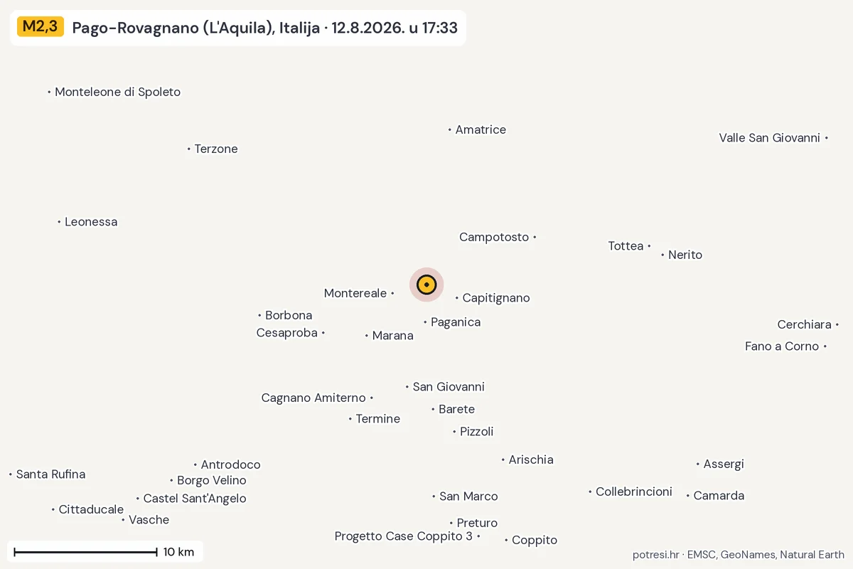 Karta: okolica epicentra, 60 km, potres M2,3, Pago-Rovagnano (L'Aquila), Italija, 12.8.2026.