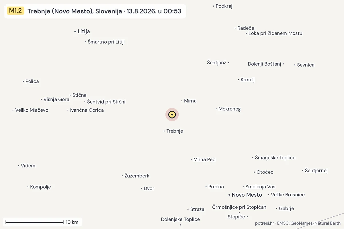 Karta: okolica epicentra, 60 km, potres M1,2, Trebnje (Novo Mesto), Slovenija, 13.8.2026.