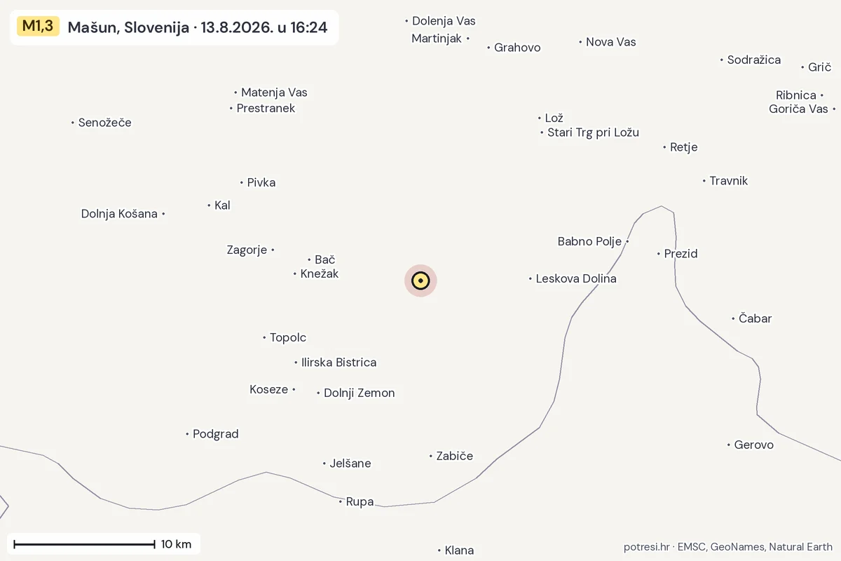 Karta: okolica epicentra, 60 km, potres M1,3, Mašun, Slovenija, 13.8.2026.