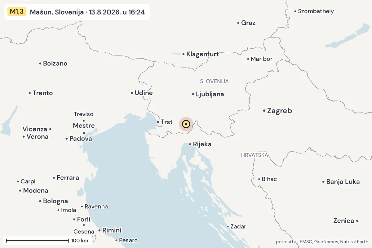 Karta: šire područje, 600 km, potres M1,3, Mašun, Slovenija, 13.8.2026.