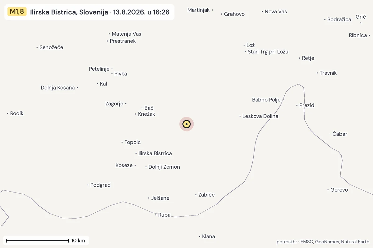 Karta: okolica epicentra, 60 km, potres M1,8, Ilirska Bistrica, Slovenija, 13.8.2026.