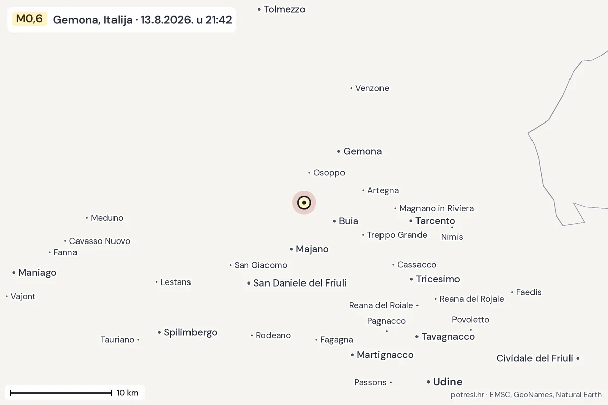 Karta: okolica epicentra, 60 km, potres M0,6, Gemona, Italija, 13.8.2026.