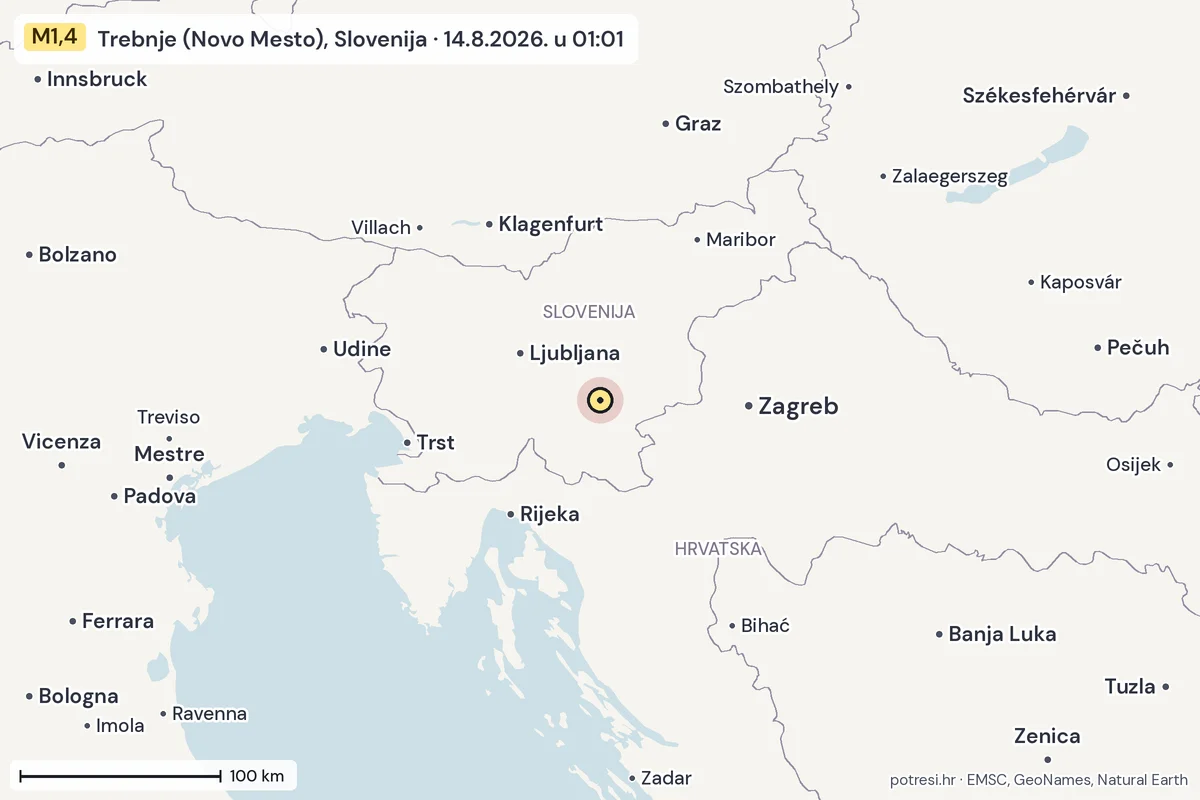 Karta: šire područje, 600 km, potres M1,4, Trebnje (Novo Mesto), Slovenija, 14.8.2026.