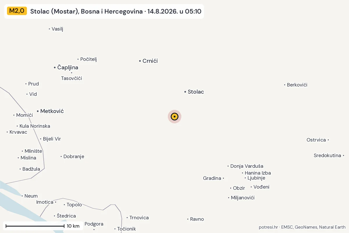Karta: okolica epicentra, 60 km, potres M2,0, Stolac (Mostar), Bosna i Hercegovina, 14.8.2026.