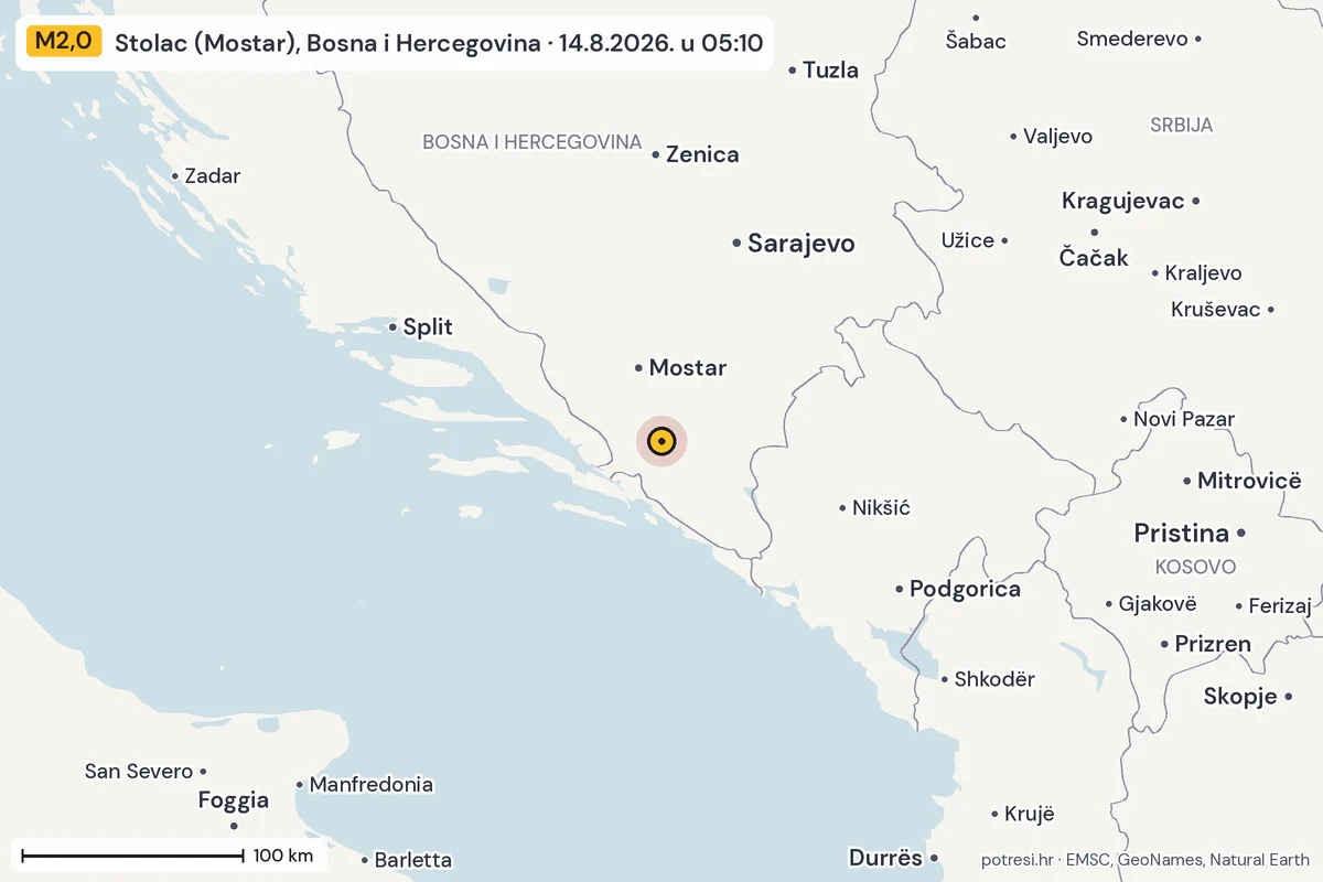 Karta: šire područje, 600 km, potres M2,0, Stolac (Mostar), Bosna i Hercegovina, 14.8.2026.