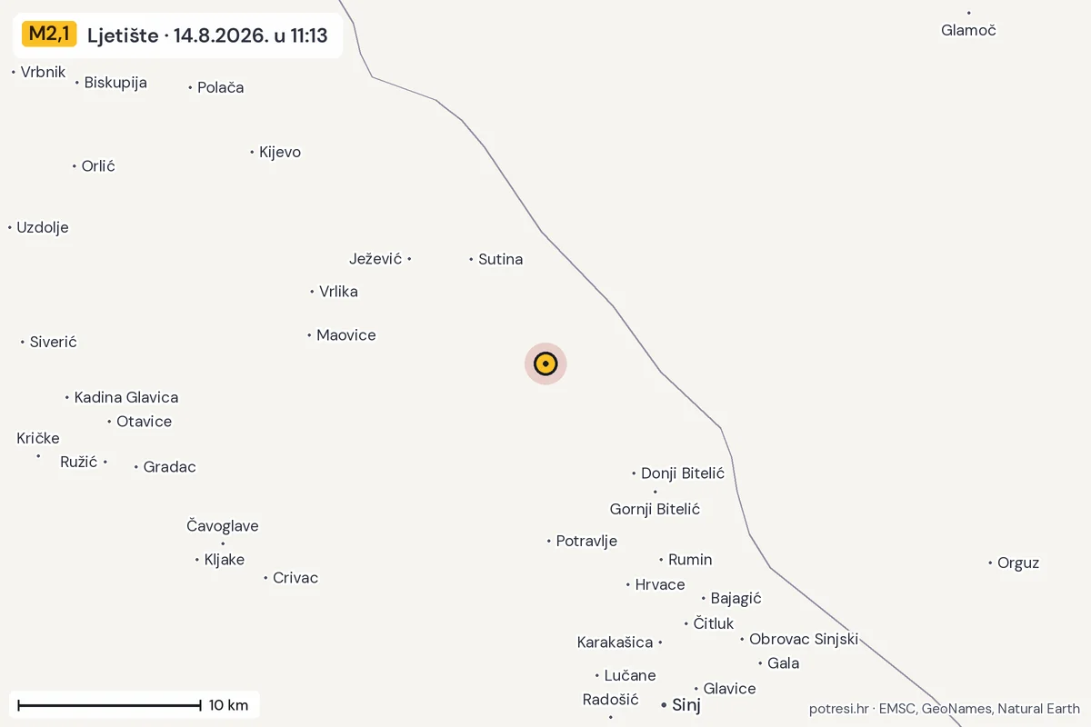 Karta: okolica epicentra, 60 km, potres M2,1, Ljetište, 14.8.2026.