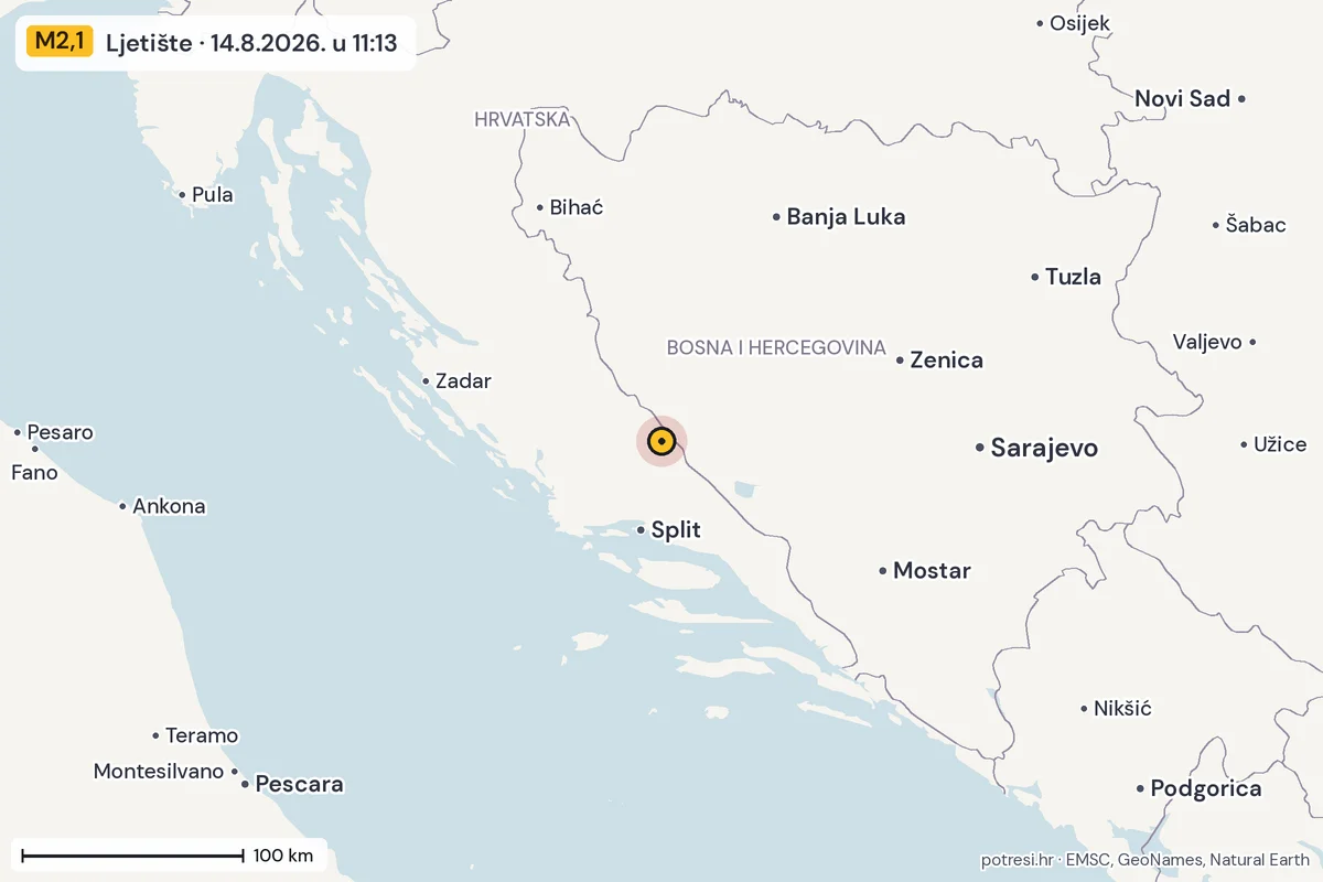 Karta: šire područje, 600 km, potres M2,1, Ljetište, 14.8.2026.