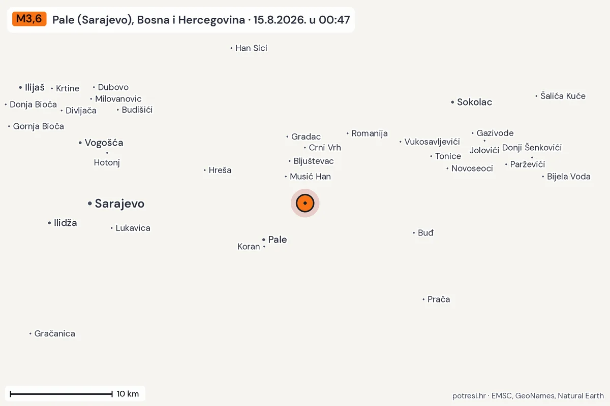 Karta: okolica epicentra, 60 km, potres M3,6, Pale (Sarajevo), Bosna i Hercegovina, 15.8.2026.